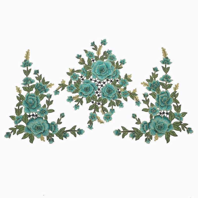 1 Set/Large Embroidered Peony Flowers Lace Patch Applique Three-Dimensional Garment Fabric DIY Accessories Sew (Blue)